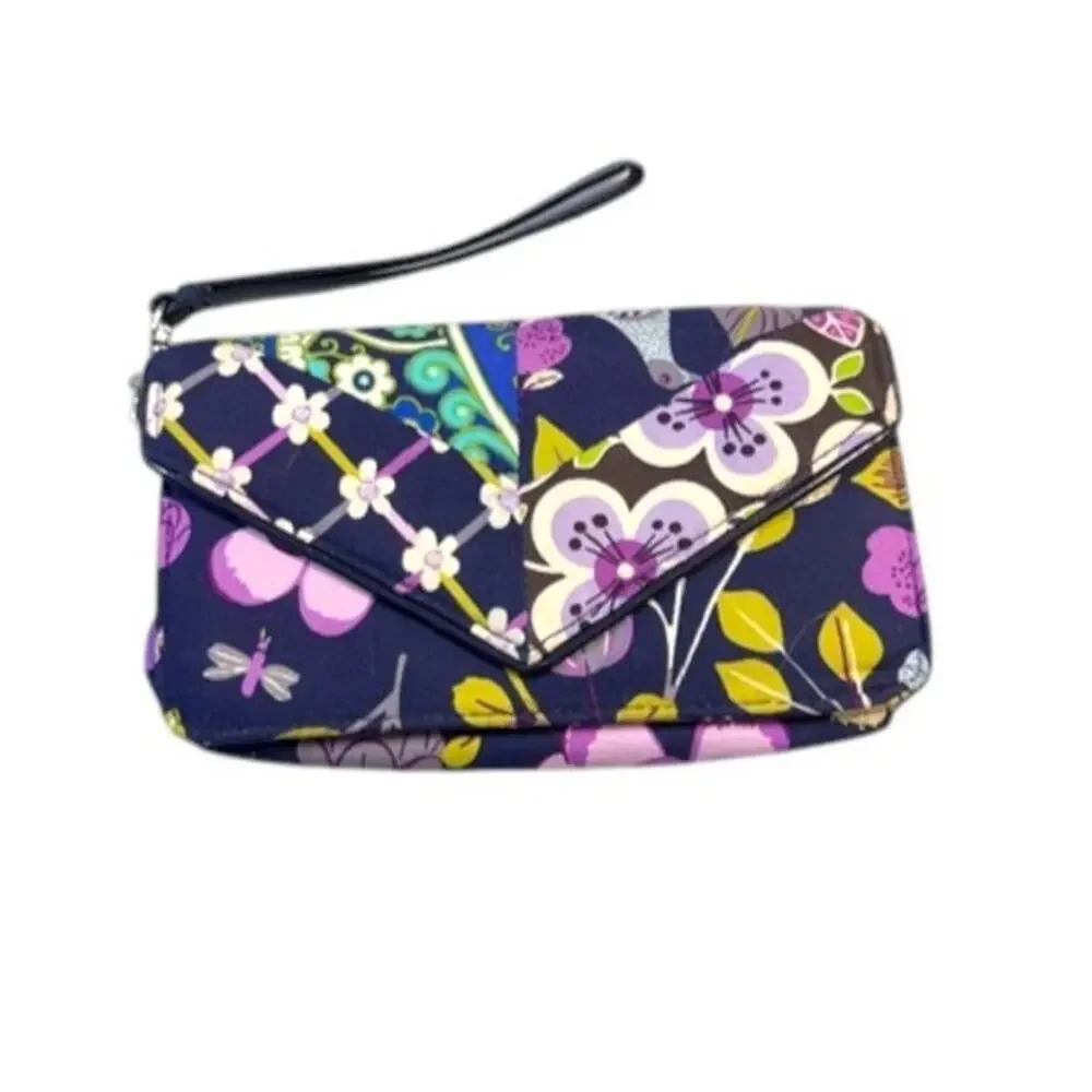Vera Bradley Nightingale Envelope Wallet Navy Purple Floral Bird Wristlet Clutch